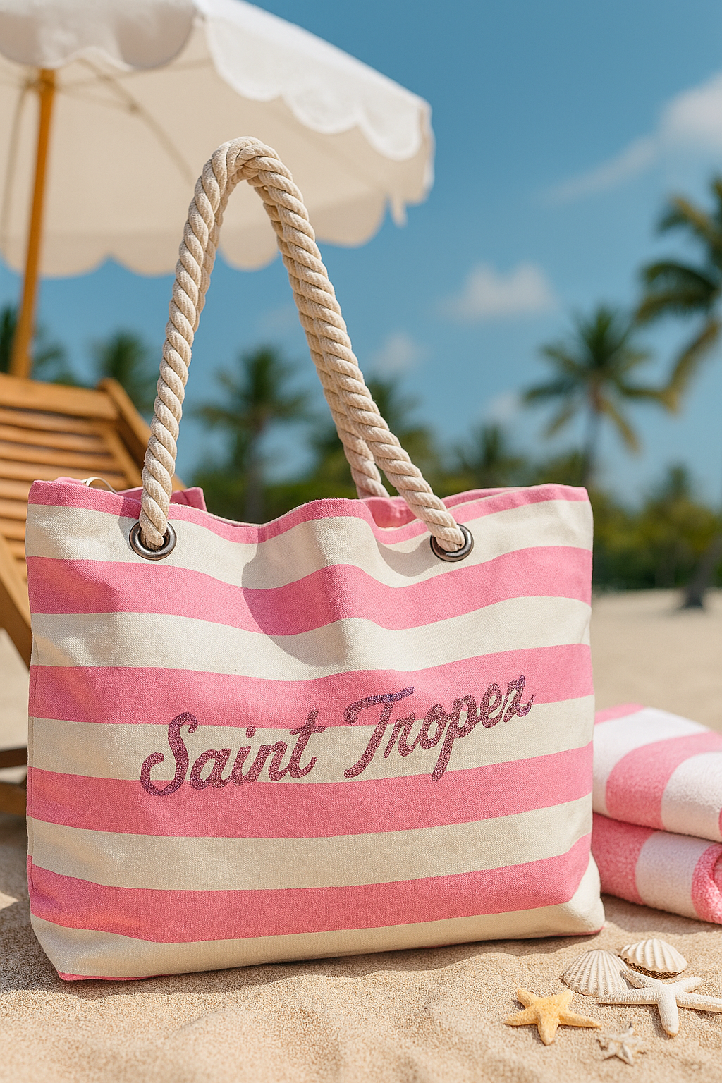 Canvas strandtas met roze strepen en vakantiebestemming Saint Tropez bedrukt – 100% katoen