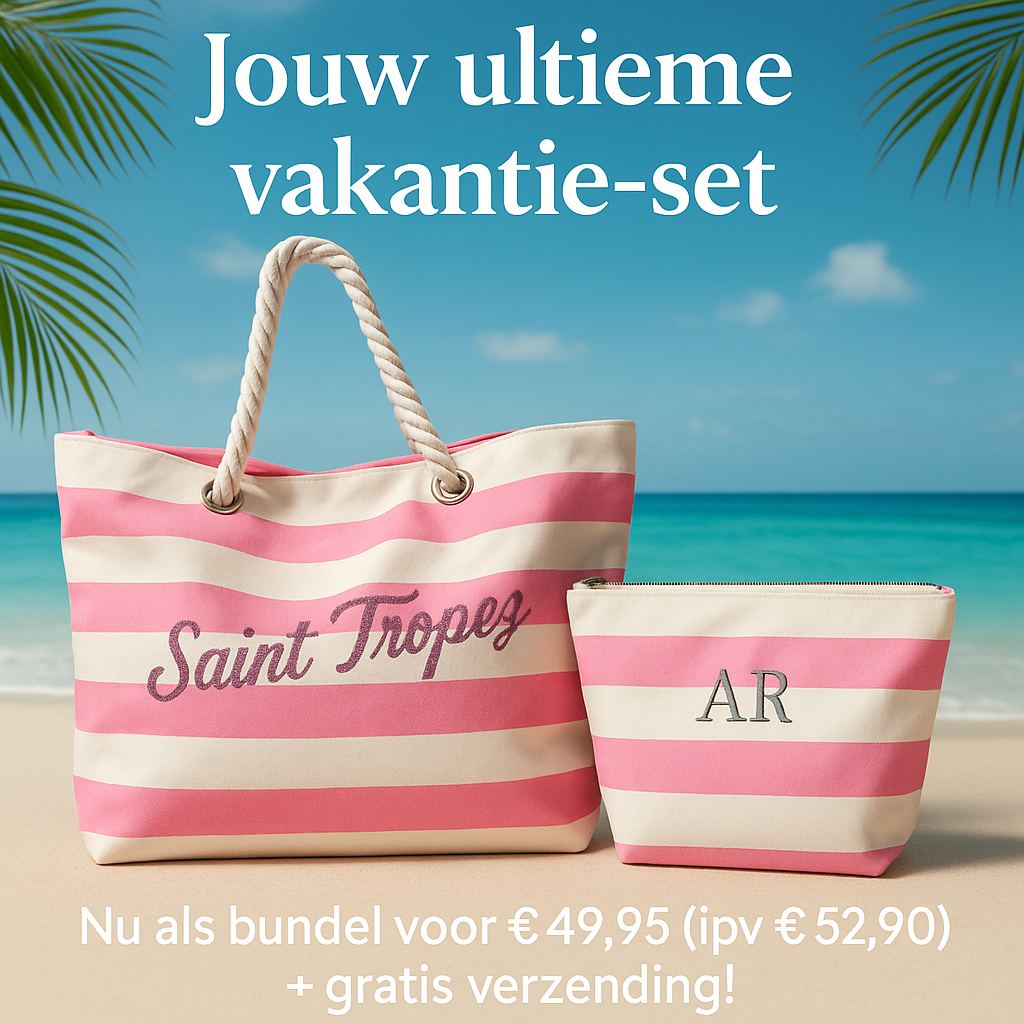 Canvas strandtas met vakantiebestemming en bijpassende toilettas met geborduurde initialen – ZiLuDesign combi deal