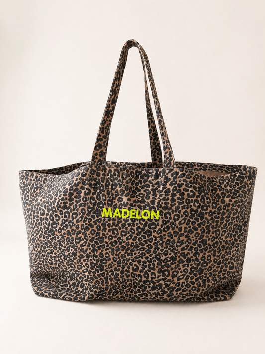 Gepersonaliseerde leopard strandtas - canvas shopper met naam of initialen