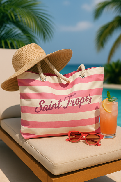 Strandtas met vakantiebestemming Saint Tropez – zomerse accessoire in gebruik