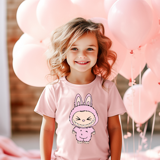 Kids | Strijkapplicatie Labubu roze groot – Schattige strijkapplicatie print voor kinderen en tieners