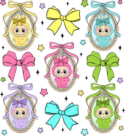 Kids | Strijkapplicatie Labubu figuren met strikjes – Schattige strijkapplicatie print voor kinderen en tieners