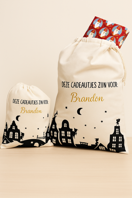 Bundel Sinterklaaszakken met naam – L + XL – 100% katoen – herbruikbaar