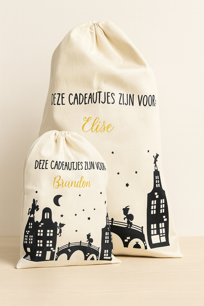 Bundel Sinterklaaszakken met naam – L + XL – 100% katoen – herbruikbaar