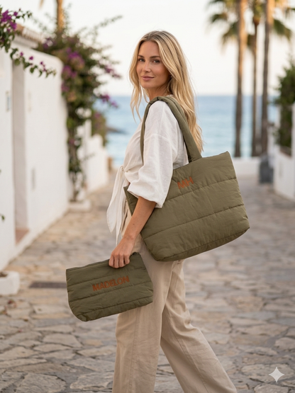 Luxe puffy tas met bijpassende toilettas