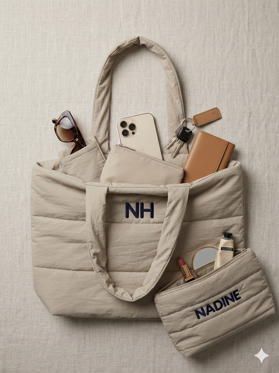 Luxe puffy tas met bijpassende toilettas