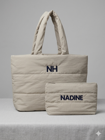 Luxe puffy tas met bijpassende toilettas